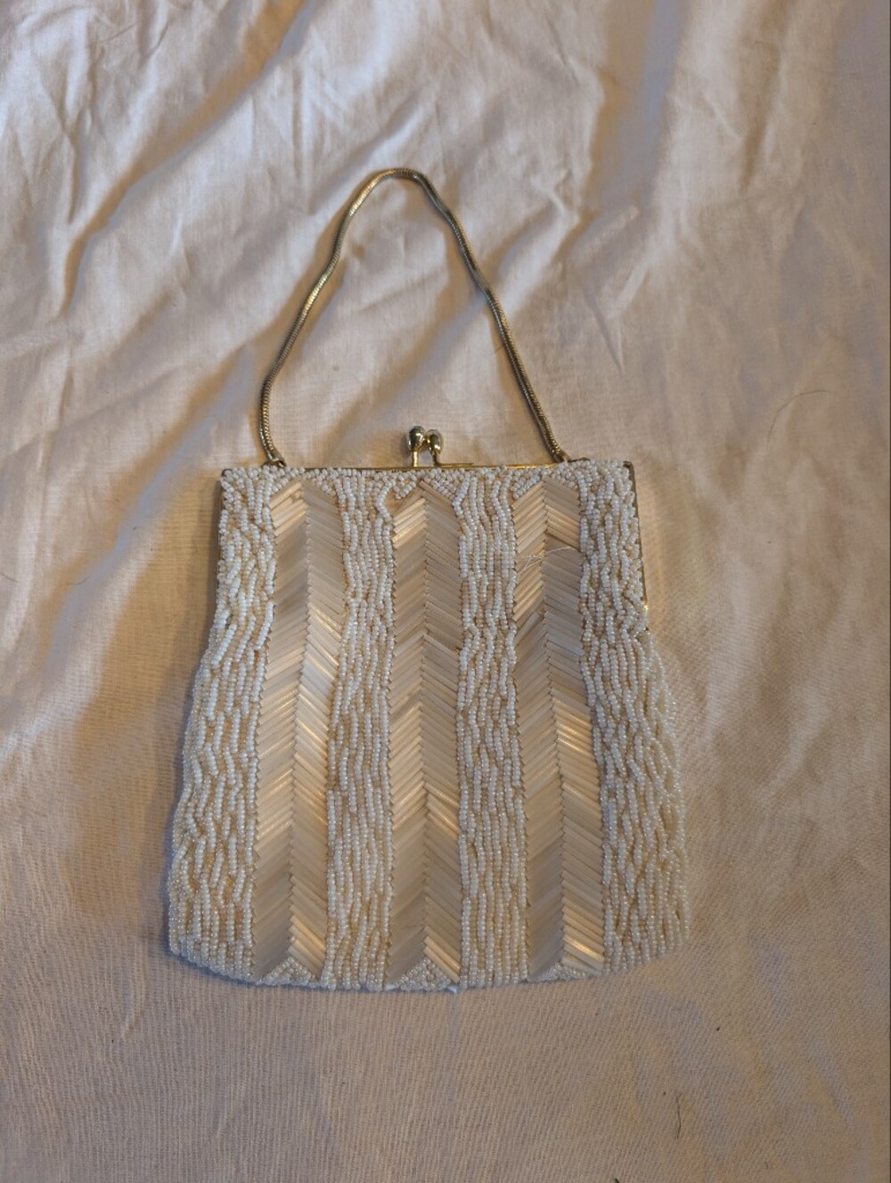 2/60$ Vintage Cream / white Beaded Clutch with Gold Chain Strap